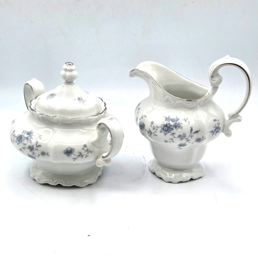 Johann Haviland VTG Porcelain Creamer & Sugar Set Blue Floral Silver Trim3-Piece